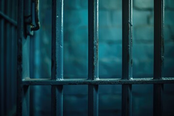 Poster - A detailed view of a jail cell door. This image can be used to depict imprisonment, confinement, or the justice system