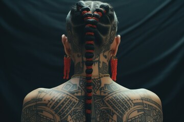 Poster - A woman with a tattoo on her back. Can be used to represent body art, self-expression, and individuality