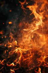 Poster - A close-up view of a fire on a black background. This image can be used for various purposes