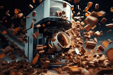 Poster - A cup of coffee being dropped into a coffee machine. Perfect for coffee lovers and coffee-related designs