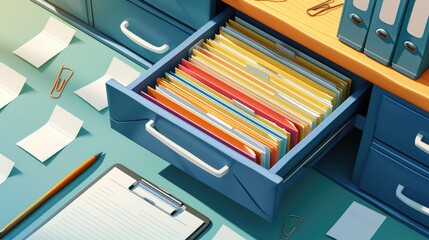 Poster - A drawer filled with organized files next to a clipboard. Perfect for office organization and administrative tasks