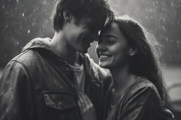 Poster - A man and a woman standing together in the rain. This image can be used to depict love, romance, or a melancholic mood