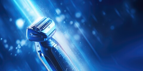 Poster - A close up view of a razor on a blue background. This image can be used to depict personal grooming, shaving, or men's hygiene
