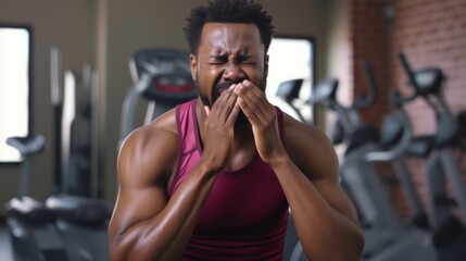 Poster - A man wearing a pink tank top standing in a gym. Suitable for fitness and workout-related projects
