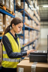Aufkleber - Woman using a laptop in a warehouse. Suitable for business, technology, and logistics concepts
