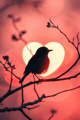 Poster - A bird is sitting on a branch in front of the sun. Suitable for nature and wildlife themes
