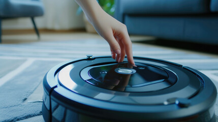 Poster - A person is shown touching a button on a robotic vacuum. This image can be used to illustrate the use and functionality of robotic vacuums in household cleaning