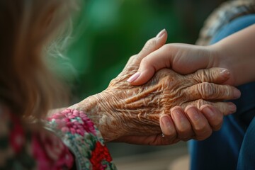 Poster - A close-up shot of a person holding an older person's hand. Can be used to depict love, care, support, family, or aging