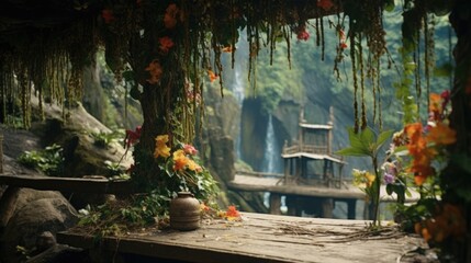 Aufkleber - A picturesque wooden table adorned with beautiful flowers, placed near a mesmerizing waterfall. Perfect for adding a touch of nature and tranquility to your designs