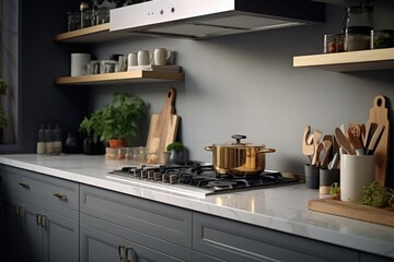 Poster - A picture of a kitchen featuring a stove top oven and wooden utensils. Suitable for culinary and cooking-related themes