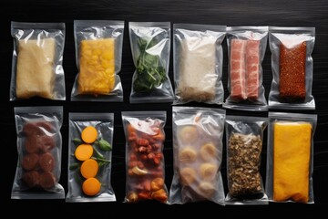 Poster - Bags of food sitting on top of a table. Suitable for various food-related themes and concepts