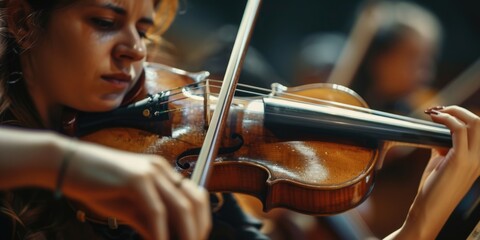 Poster - A woman is pictured playing a violin in an orchestra. This image can be used to showcase the beauty and elegance of classical music