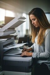 Poster - A woman is seen working on a printer in an office. This image can be used to showcase office work, technology, or printing tasks