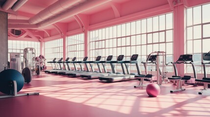 Poster - A row of tread machines in a gym. Suitable for fitness and exercise-related content