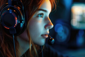 Aufkleber - A woman wearing headphones is focused on a computer screen. This image can be used to depict a person working, studying, or listening to music while using a computer