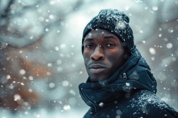 Wall Mural - A man standing in the snow wearing a hat. Suitable for winter-themed projects