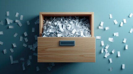 Poster - A wooden box filled with lots of paper. Can be used for various purposes