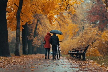 Sticker - A man and a woman walking together under an umbrella. Suitable for romantic themes and rainy day concepts