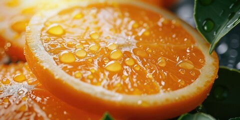 Poster - A detailed view of a sliced orange with glistening water droplets. Perfect for refreshing and citrus-themed concepts