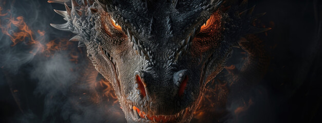 Poster - A close-up view of a dragon's head with flames shooting out. Perfect for fantasy and mythology-themed projects