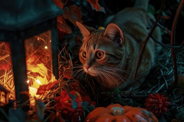 Aufkleber - A cat sitting peacefully in the grass next to a lantern. Perfect for adding a touch of warmth and coziness to any project