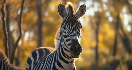 Poster - A close-up view of a zebra in a natural forest habitat. Suitable for wildlife enthusiasts and nature-themed projects