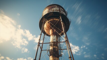 Poster - A rusty water tower against a vibrant blue sky. Perfect for industrial-themed projects or urban landscapes