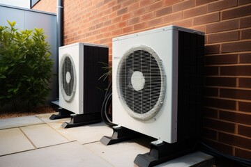Poster - Two air conditioners positioned on the side of a building. Suitable for depicting urban infrastructure and architectural elements