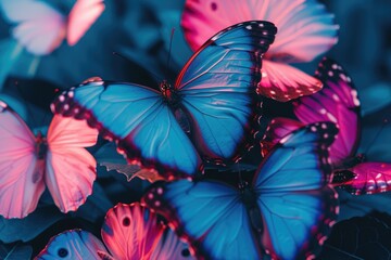 Poster - A group of blue and pink butterflies fluttering in a beautiful field. Perfect for nature and wildlife themes