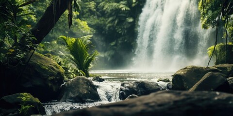 Poster - A picturesque waterfall surrounded by vibrant greenery, perfect for nature enthusiasts and travel brochures