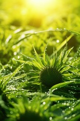 Poster - A detailed view of a plant with glistening water droplets. Perfect for nature-themed designs and advertisements