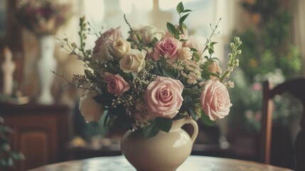 Poster - A beautiful arrangement of pink and white flowers displayed in a vase on top of a table. This image can be used to add a touch of elegance and nature to various projects