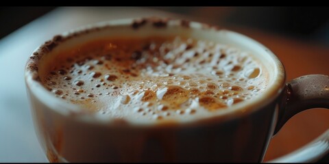 Poster - A close-up view of a cup of coffee on a table. Perfect for illustrating coffee culture or a cozy morning routine