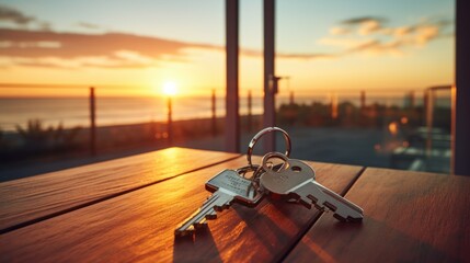 Poster - A bunch of keys sitting on top of a wooden table. Perfect for concepts related to security, home, and access