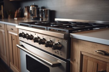 Poster - A stove top oven sitting inside of a kitchen. Ideal for illustrating cooking, baking, and home cooking appliances