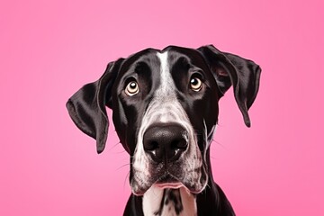 Poster - A black and white dog standing on a vibrant pink background. This image can be used for various purposes, including pet-related projects or vibrant and eye-catching designs