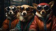 Three dogs, dressed in red and blue retro latex overalls, wearing sunglasses, form a biker gang