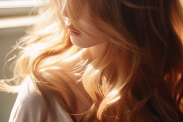 Aufkleber - A woman with long red hair is looking out a window. This picture can be used to depict curiosity, longing, or daydreaming