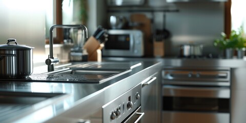 Canvas Print - A modern kitchen featuring stainless steel appliances and sleek stainless steel counters. Ideal for showcasing a contemporary and elegant kitchen design.