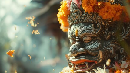 Poster - A close up of a statue of a person with flowers in their hair. This image can be used to symbolize beauty, nature, or artistic expression