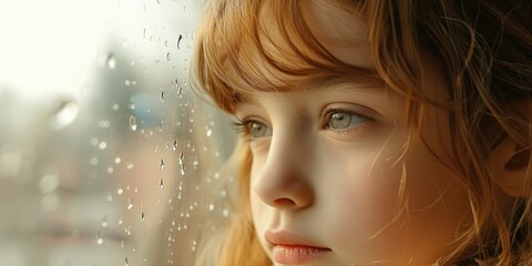 Poster - A little girl standing by a window, gazing outside at the rain. Perfect for illustrating a cozy indoor scene or the feeling of melancholy.