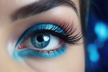 Poster - A close-up image capturing the beauty of a woman's eye with mesmerizing blue makeup. This eye-catching photo can be used for various creative projects