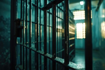 Poster - A picture of a jail cell with bars and a window. This image can be used to depict incarceration, confinement, or the justice system