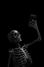Clean Flat Demonic Skeleton Taking A Selfie, Black On Black, Minimalism