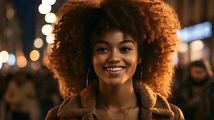  portrait of smiling afro haired woman in the middle of a crowd of pedestrians