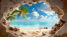 A Hole In A Sand Wall Overlooking A Tropical Beach. Vacation And Travel Concept. Digital Landscape Illustration For Wallpaper, Poster, Banner