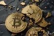 Close up of a broken and cracked bitcoin. Price crash concept