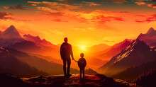 Illustration Of A Father Holding His Child's Hand Against A Mountainous Backdrop