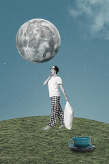 Poster - Vertical artwork fantasy photo collage of young sleepy woman in pajama stand on grass hold pillow yawn just wake up early morning