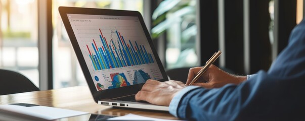 Businessman analyzing finance market graphs on a laptop